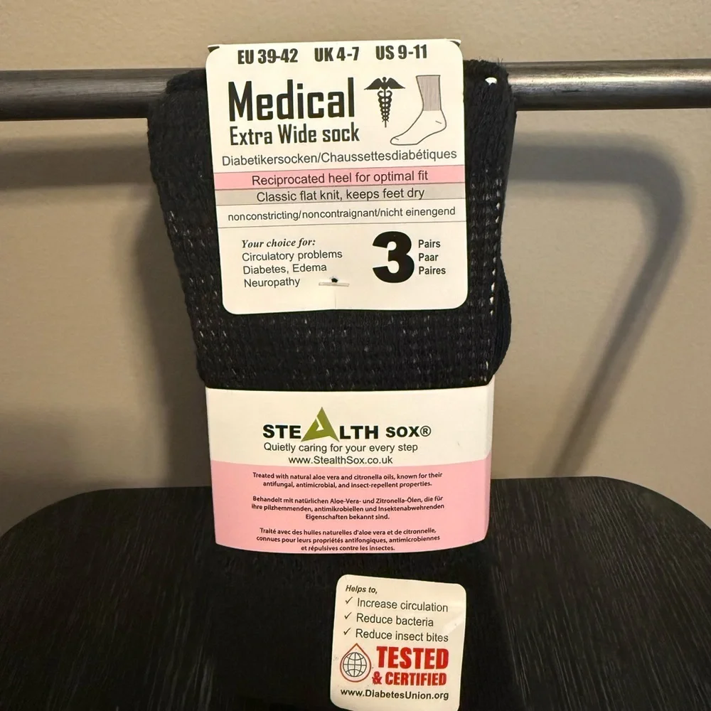 Stealth Sox Medical Extra Wide Black Diabetic Socks 3 Pack Size Men’s US 9-11